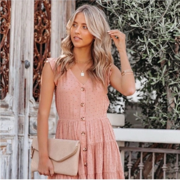 Sweet Wanderer Swiss Dot Blush Button-Front Tiered Mini Dress Size Medium - Picture 5 of 8